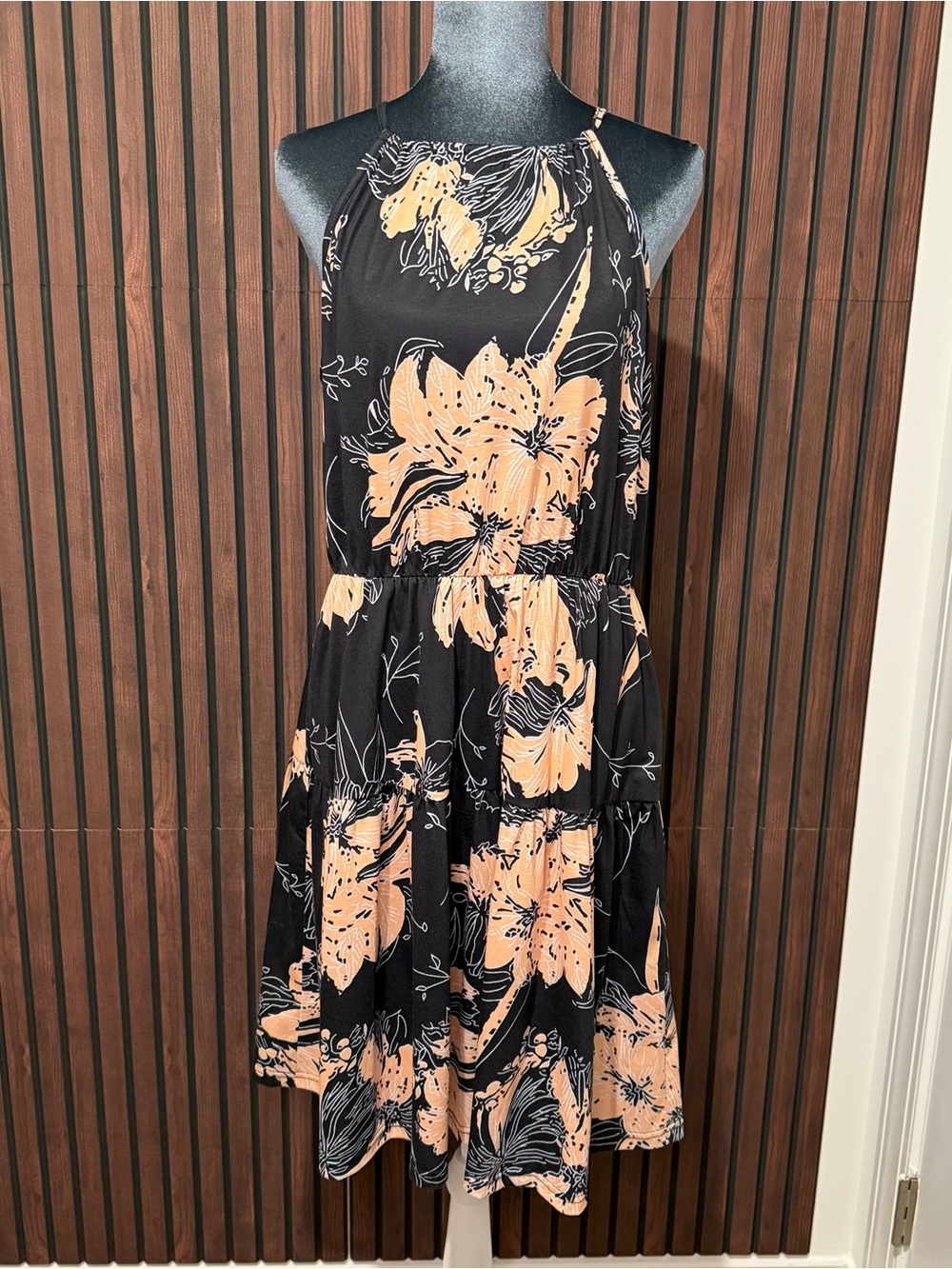 Boho Sleeveless Midi Dress | Black & Beige Tropical Print | Tie Back Detail